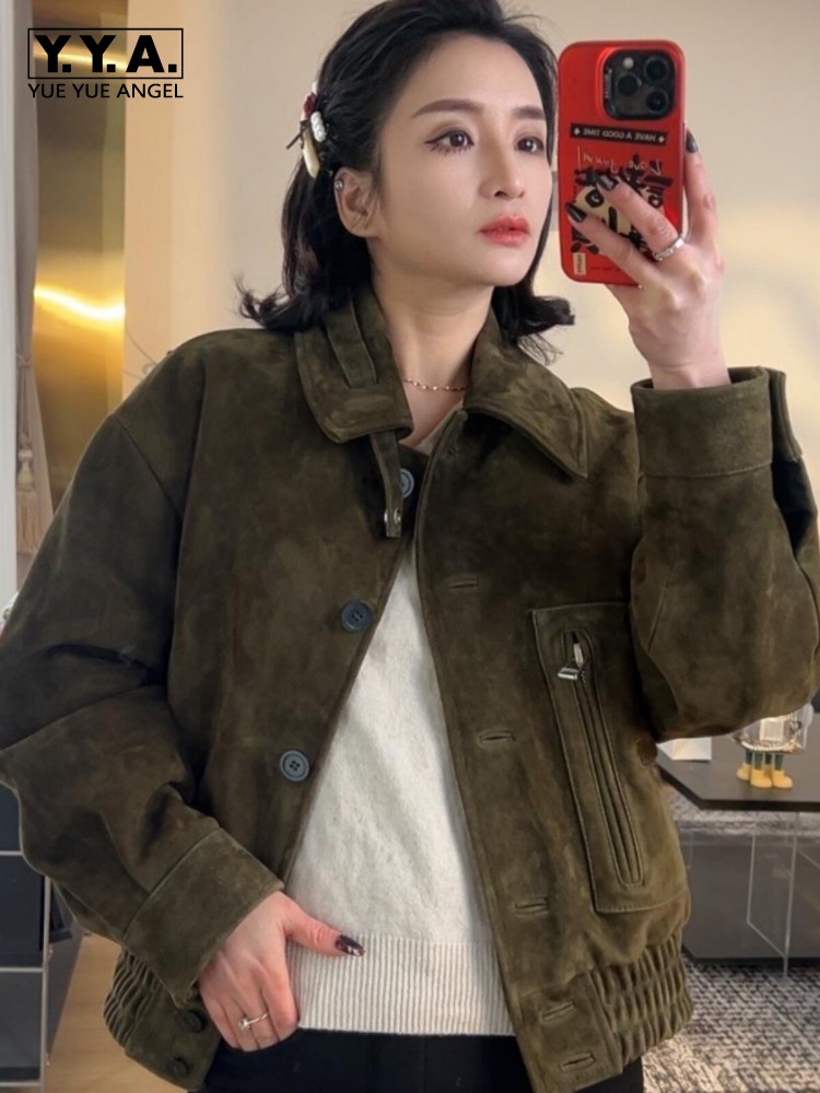 Leather Work Jacket Women'S - Luxury Retro Women Sheep Suede Jacket