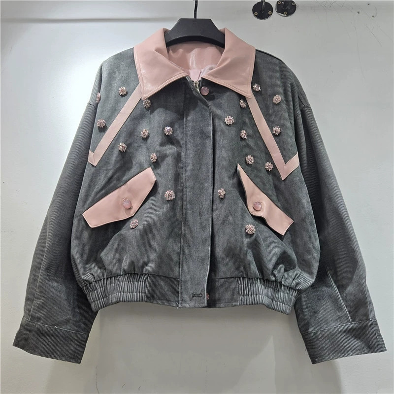 Leather Work Jacket Women'S - Heavy Work Beaded Flowers Corduroy Jacket