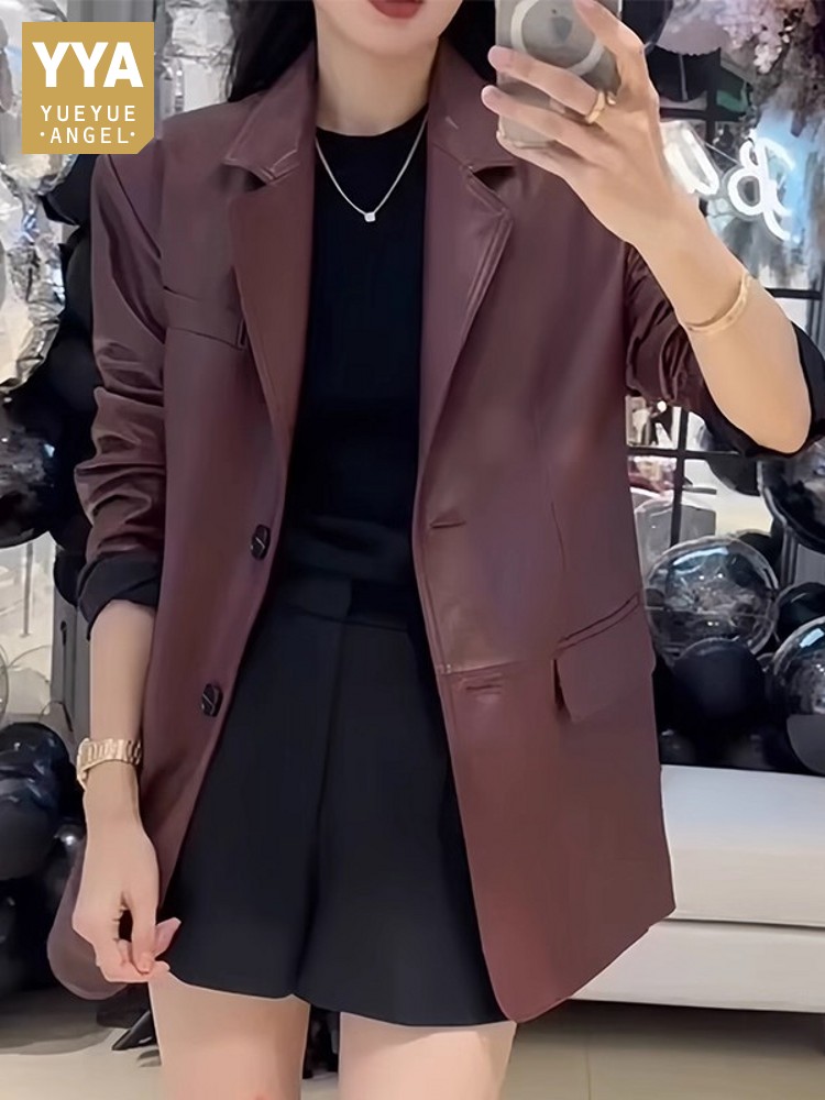 Leather Work Jacket Women'S - Autumn Office Ladies Work Mid Long