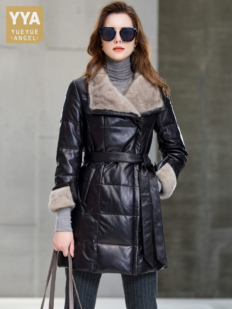 Leather Work Jacket Women'S - Elegant Ladies Mink Fur Collar Mid