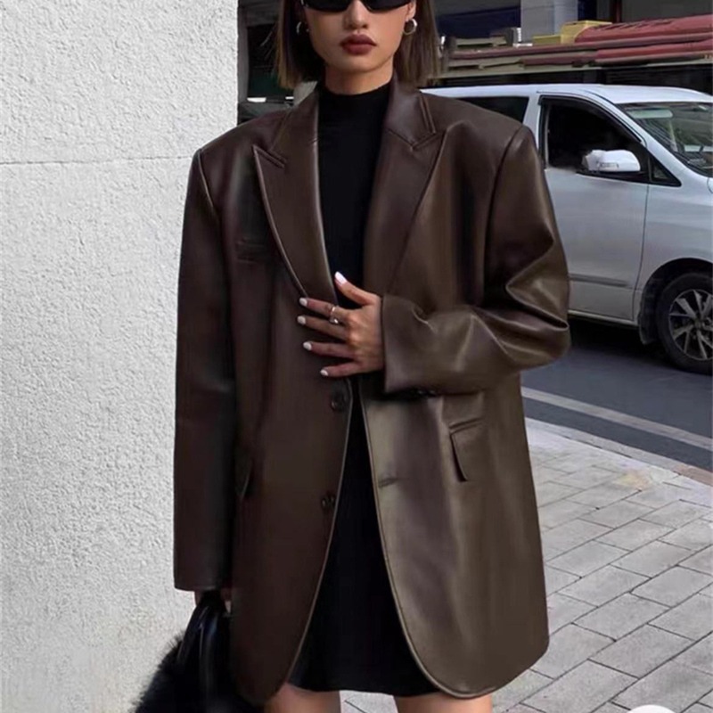 Leather Work Jacket Women'S - Autumn Winter PU Leather Business Blazer