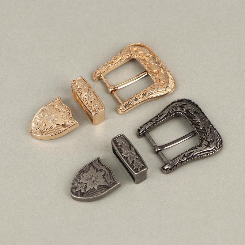 Leather Works Belt - Floral Engraved Vintage Metal Belt Buckle